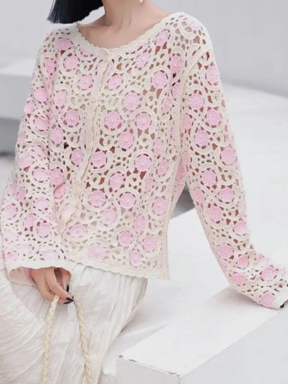 New Pink and Cream Crochet Sweater - One Size